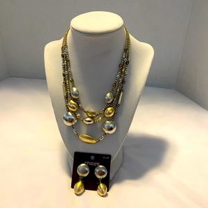Chico’s Gold/Silver 3-Strand Necklace & Matching Clips